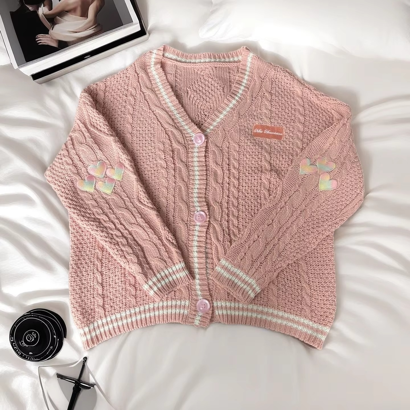 Autumn Red Maple Leaf Embroidered Knit Cardigan for Women
