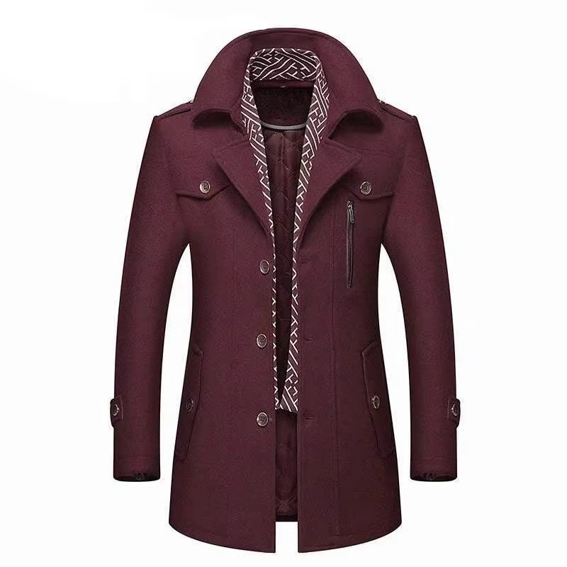 TrendAura Men's Mid Length Wool Blend Winter Coat With Scarf Collar Padded Warm Overcoat M to 5XL