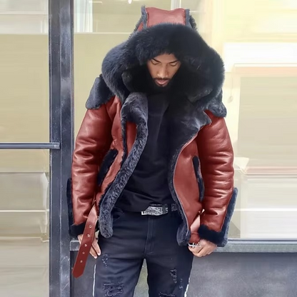 TrendAura Mens Winter Leather Jacket With Fur Collar And Wool Lining Heavyweight Warm Outerwear For Cold Weather