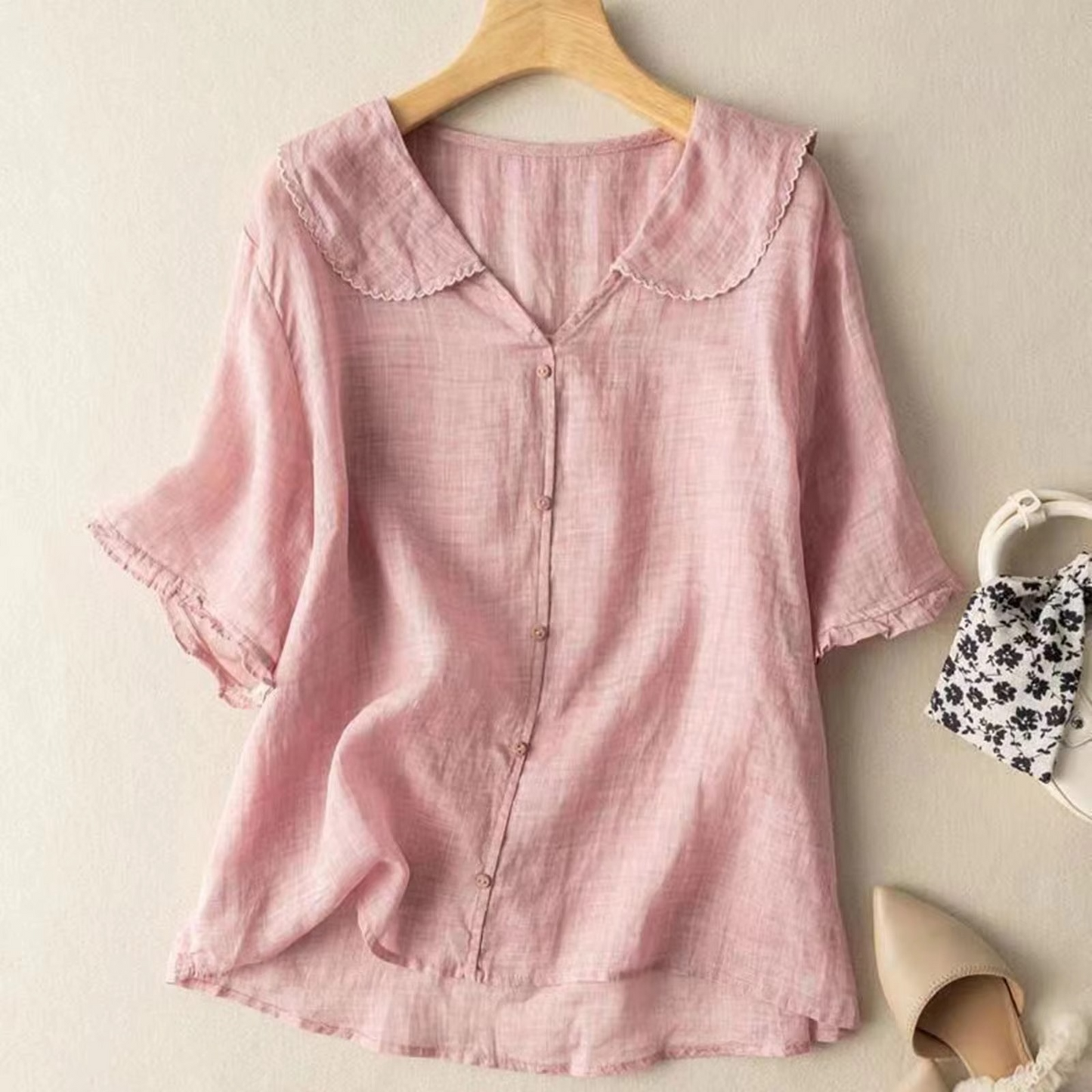 Womens Cotton and Linen Long Sleeve Button Down Top