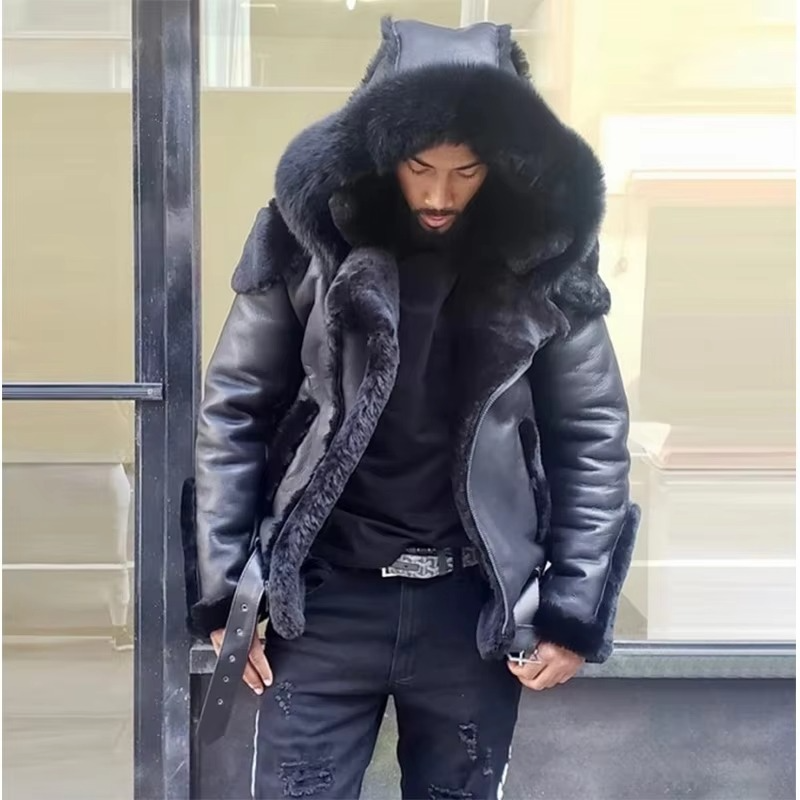 TrendAura Mens Winter Leather Jacket With Fur Collar And Wool Lining Heavyweight Warm Outerwear For Cold Weather