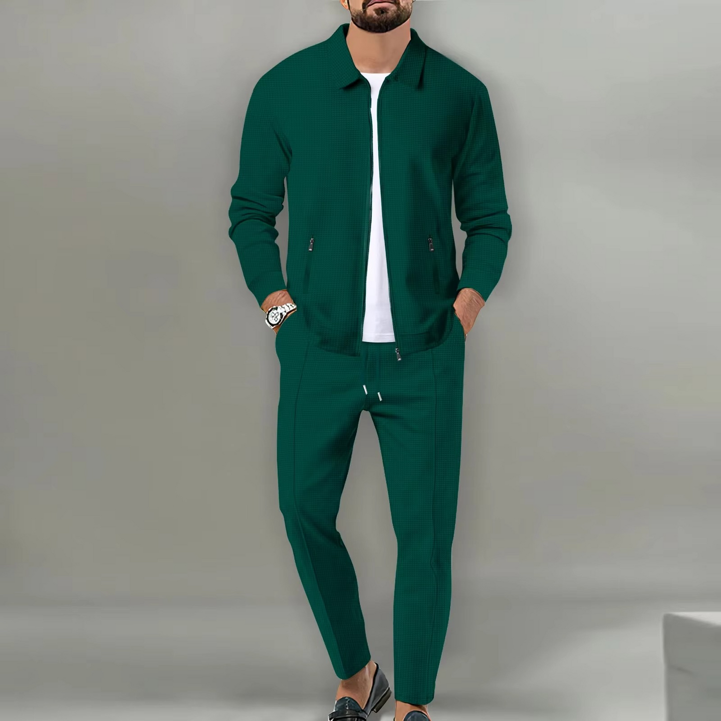 TrendAura Mens Two Piece Long Sleeve Polo Jacket Shirt With Matching Drawstring Pants Set For Everyday Comfort