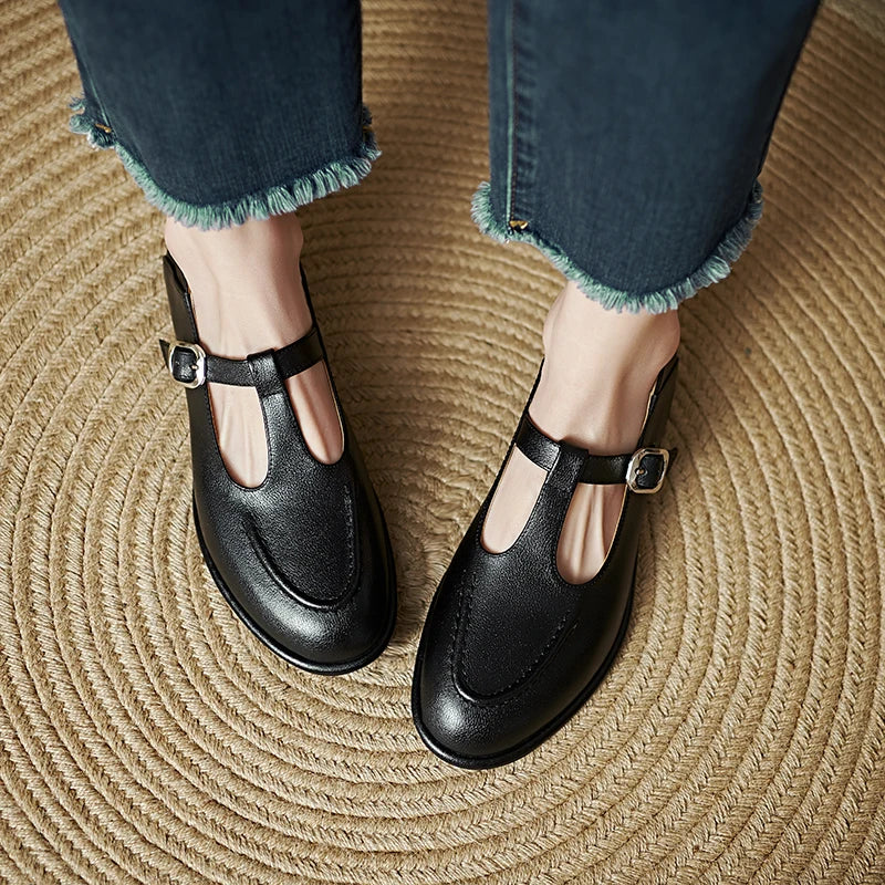Women's T-Strap Mary Jane Flats with Round Toe and Low Heel