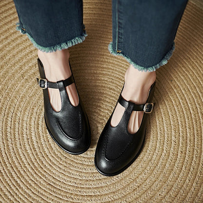 Women's T-Strap Flats with Round Toe and Low Heel