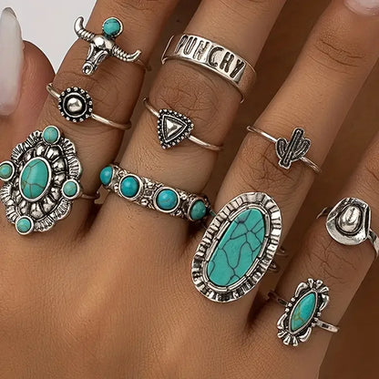 Women's Western Ring Set with 10 Unique Pieces and Versatile Styles - TrendAura
