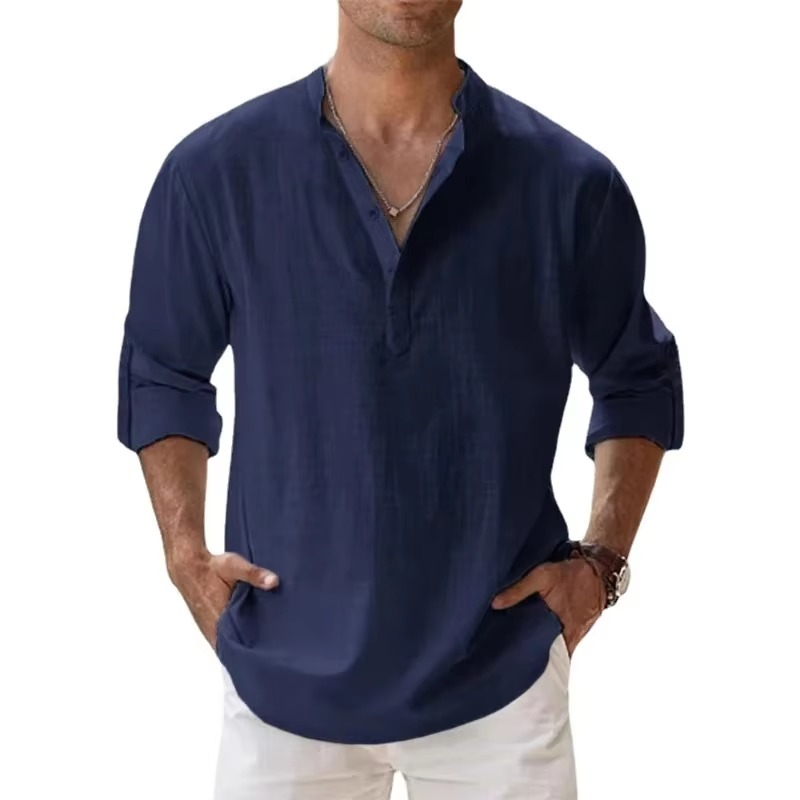 TrendAura Lightweight Cotton Linen Henley Shirt For Men Long Sleeve Beachwear Casual Summer Essential