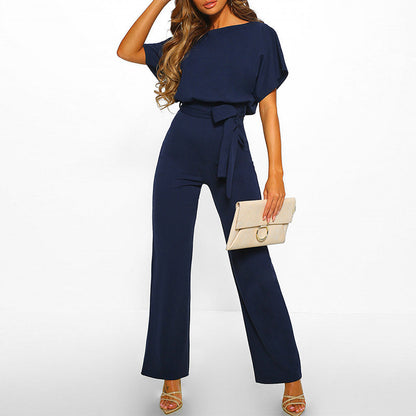 Women's Jumpsuit - Wide Leg - Short Sleeves - Belt at Waist - Elegant and Comfortable