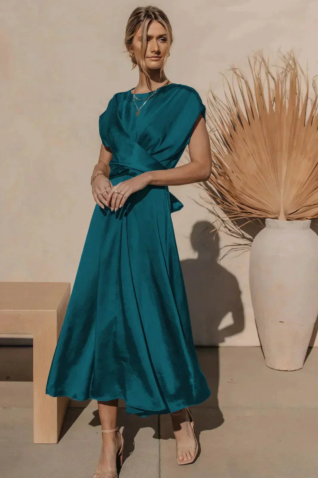 Women's Midi Dress - Satin Look - V-Neck Wrap Design - Elegant A-Line Fit