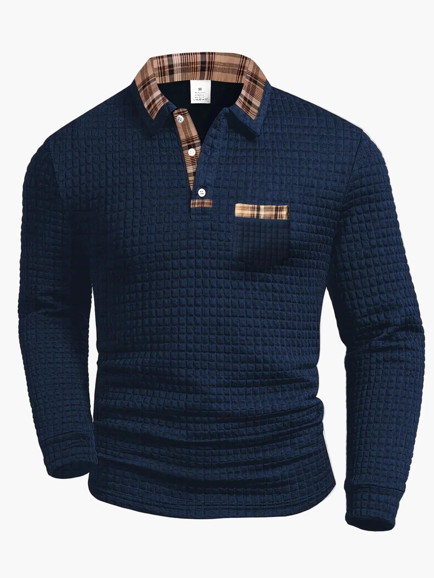 Premium Men's Long Sleeve Polo Shirt With Check Details And Waffle Pattern For Everyday And Office