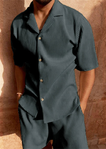 Max Men's Corduroy 2 Piece Summer Set With Stretchy Fabric Shirt And Shorts For Beach And Leisure