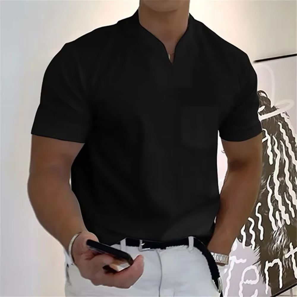 Men's Summer V Neck Short Sleeve T Shirt Elastic Cotton Athletic And Casual Fit Breathable