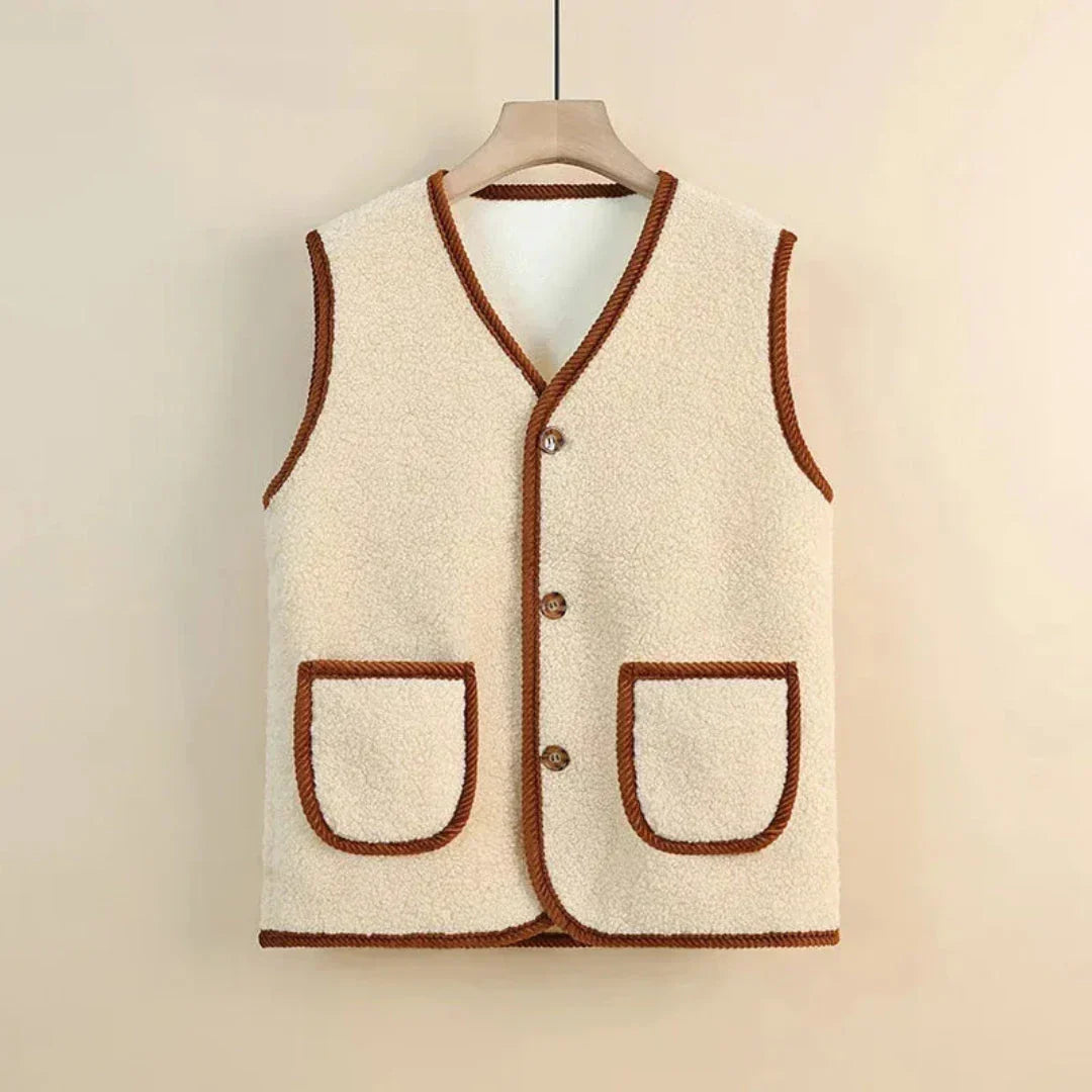 Sacha Wool Blend Sherpa Vest For Women Plush Cozy Layering With V Neck And Button Front