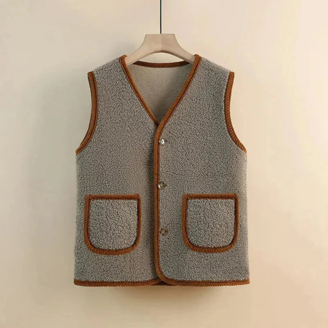 Sacha Wool Blend Sherpa Vest For Women Plush Cozy Layering With V Neck And Button Front