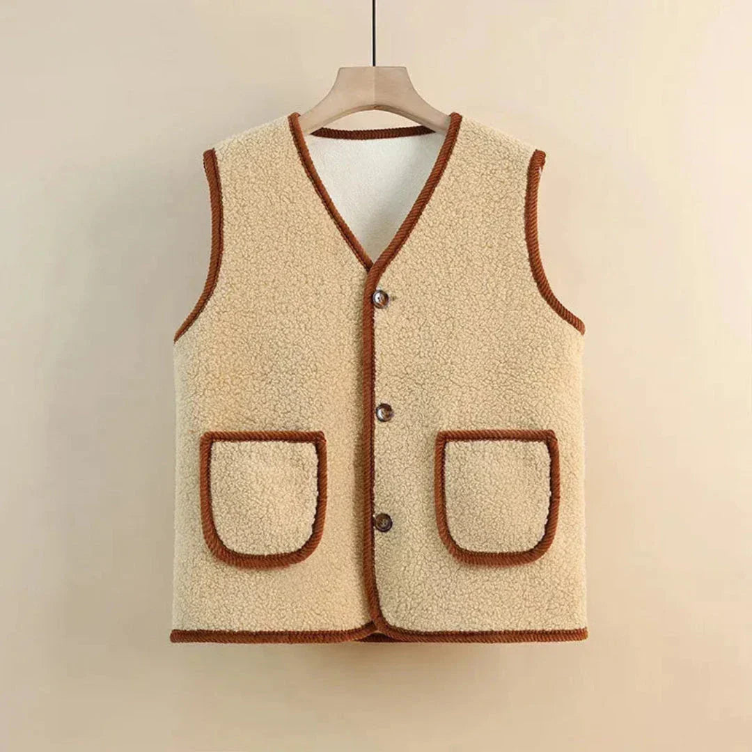 Sacha Wool Blend Sherpa Vest For Women Plush Cozy Layering With V Neck And Button Front