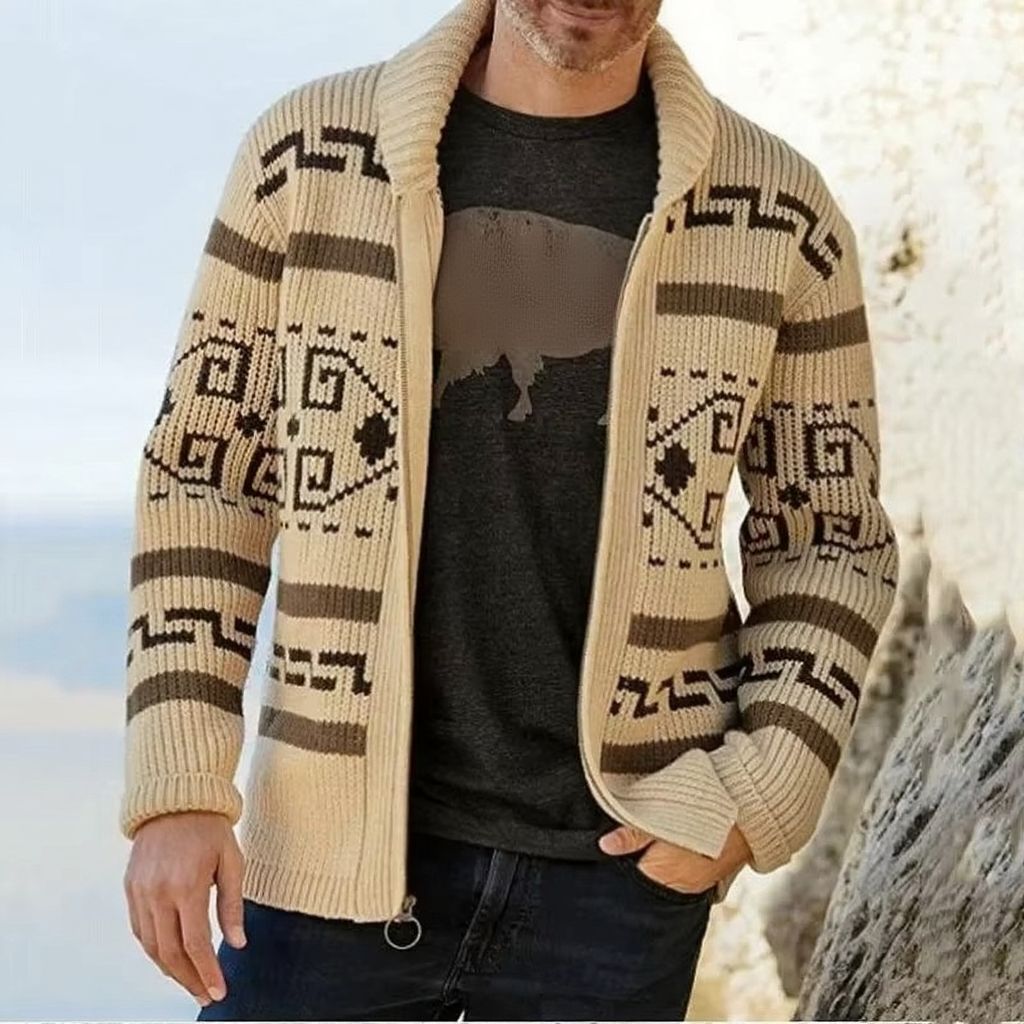 TrendAura Men's Vintage Jacquard Knit Shawl Collar Zipper Cardigan Warm Winter Layering For Everyday Wear
