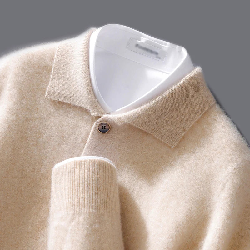 Nordisk Flair Mens Pullover Sweatshirt Wool Knit Relaxed Fit Polo Collar Button Detail
