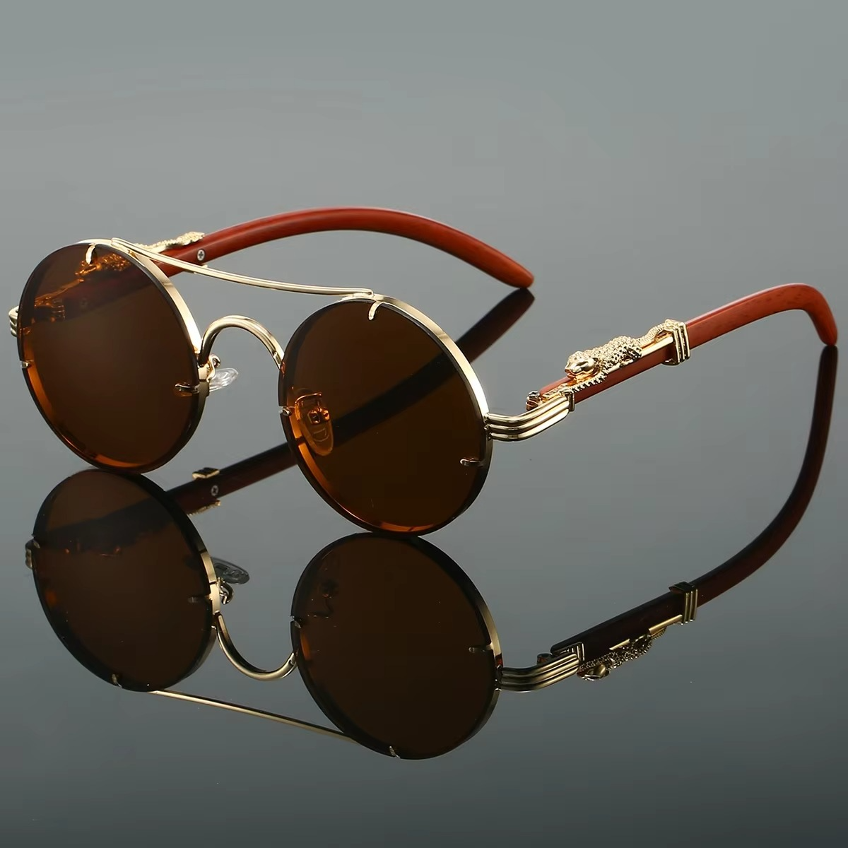 Vintage Round Sunglasses With Double Bridge Unisex Gold Tone Frame Red Tinted Lenses By TrendAura