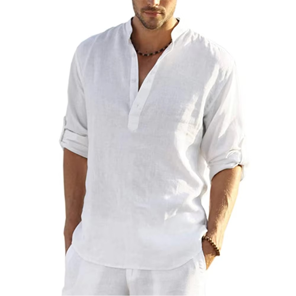 Mens Cotton Linen Casual Shirt Long Sleeve Lightweight Top Relaxed Fit Breathable Everyday Wear By TrendAura