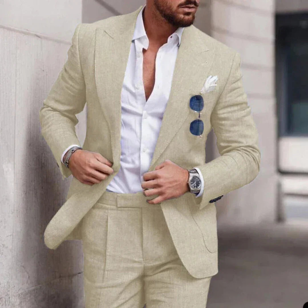 Santino Classic Beige Wool Blend Two Piece Tailored Suit For Formal Events And Office Wear
