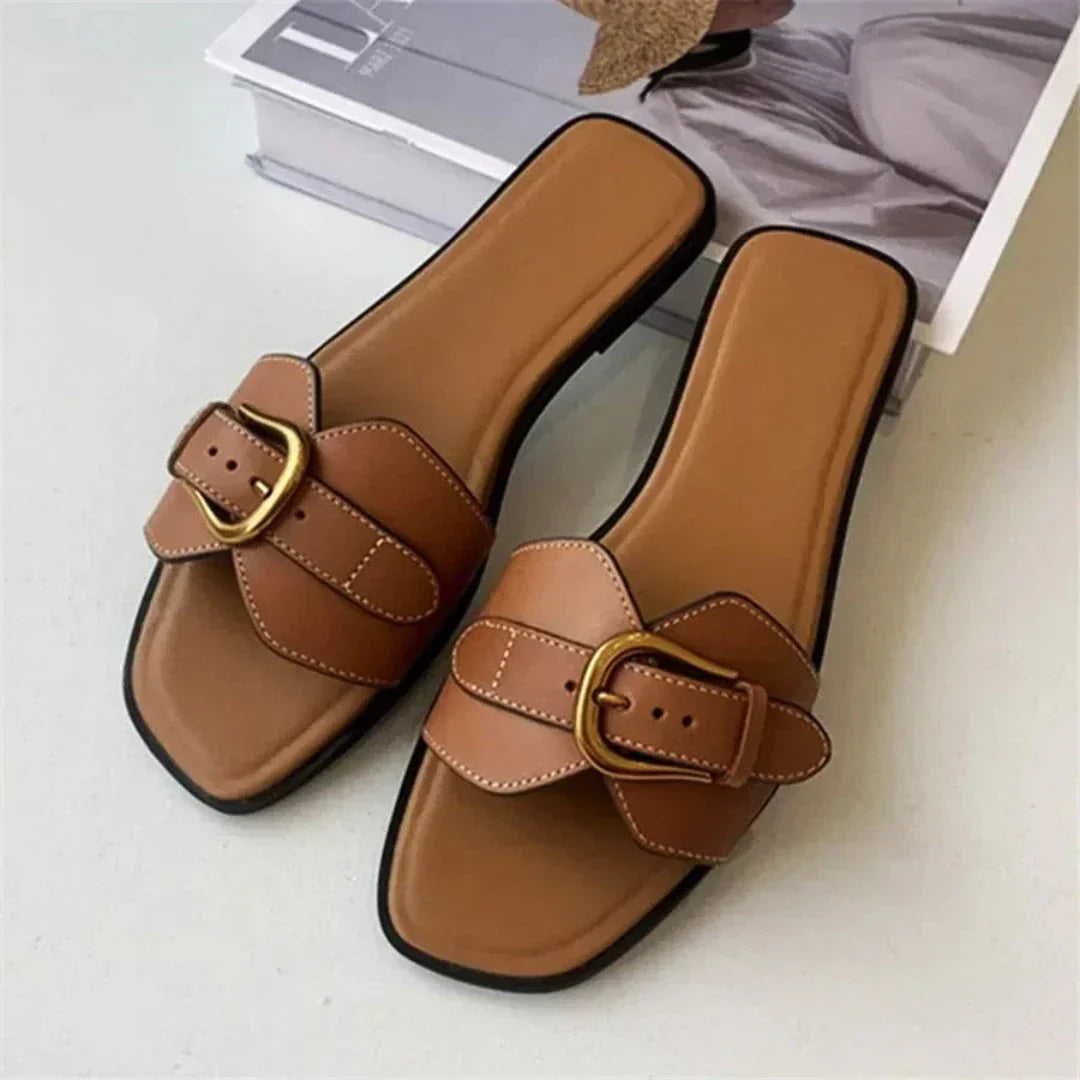 Savannah Buckle Square Toe Flat Slides