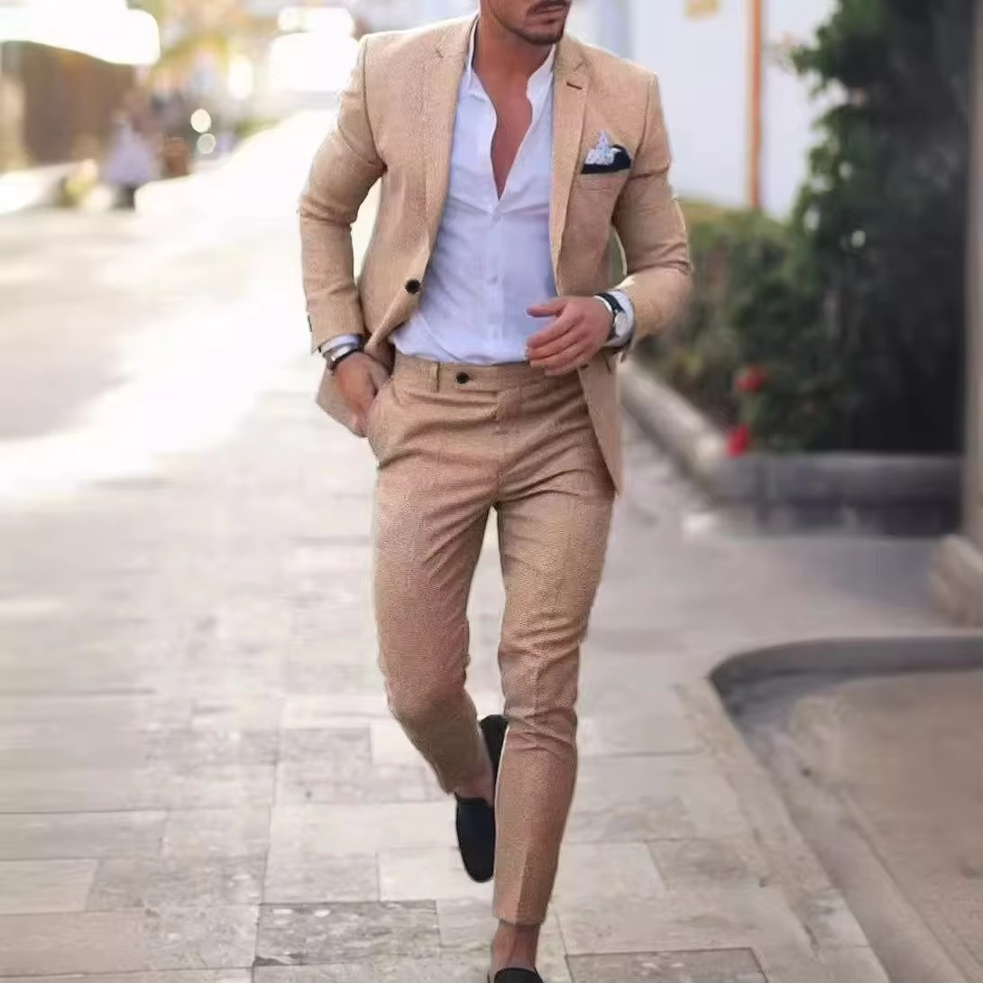 TrendAura Men's Breathable Linen Two Piece Blazer And Pants Suit Set For Weddings Beach Parties Summer Events