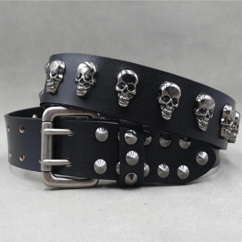 TrendAura Rebel Noir Skull Studded Leather Belt For Men With Adjustable Buckle And Silver Stud Accents