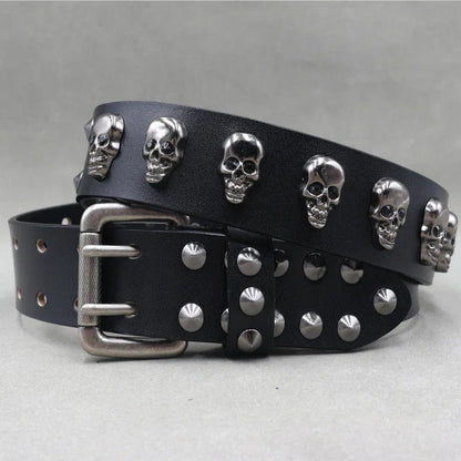 TrendAura Rebel Noir Skull Studded Leather Belt For Men With Adjustable Buckle And Silver Stud Accents