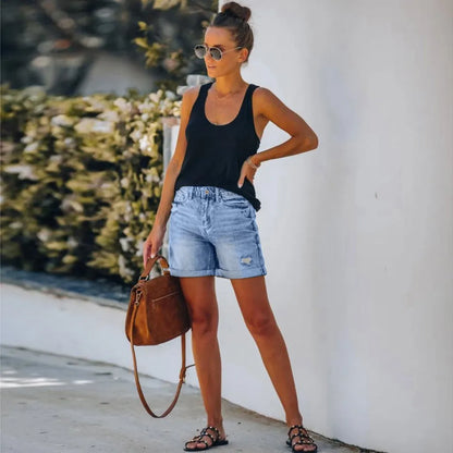 Mila High Waist Denim Shorts For Women With Rolled Hem Flattering Silhouette Summer Essential