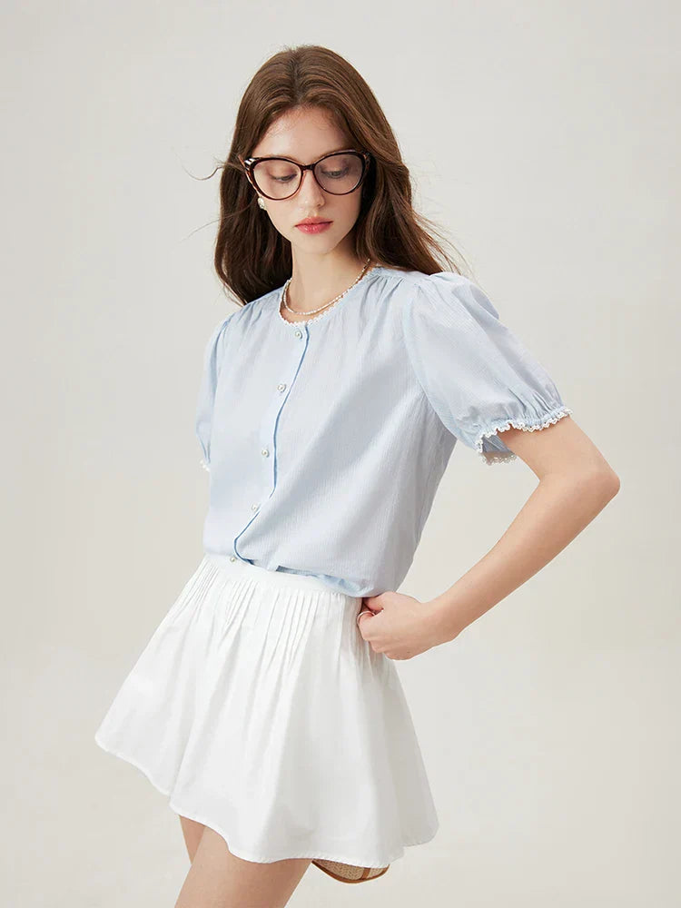 Amélie Violette Cotton Blouse With Pearl Embellishment And Ribbed Neckline Vintage Inspired For Women