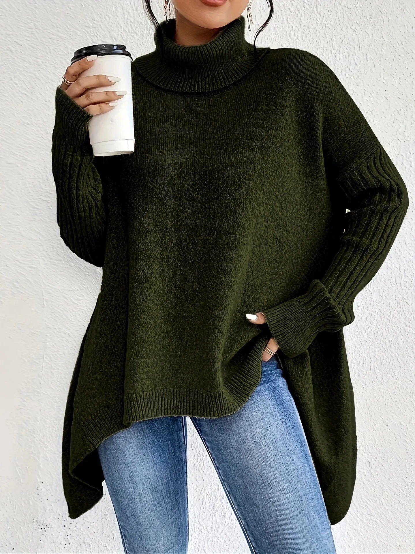 Relaxed Fit Asymmetrical Hem Turtleneck Sweater for Women – Cozy & Stylish Comfort