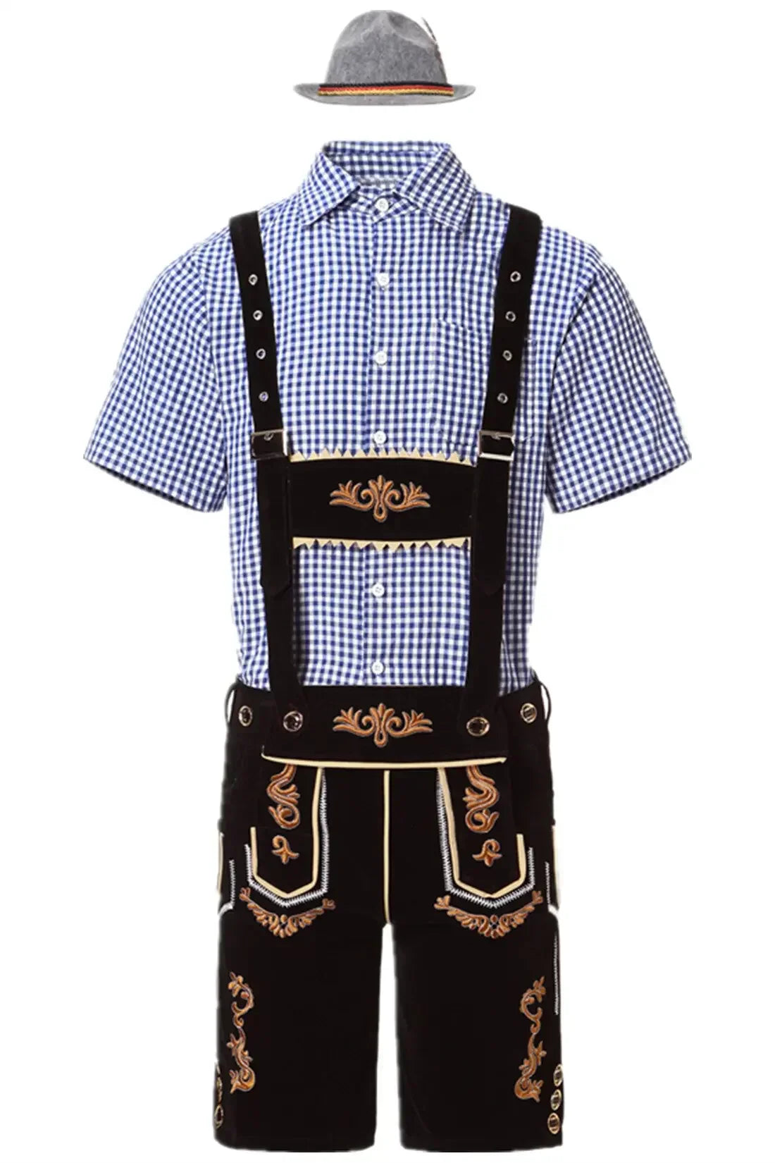 Men's Lederhosen Set Suede Like Embroidered Shorts Shirt And Hat Included Bavarian Oktoberfest Costume For Men