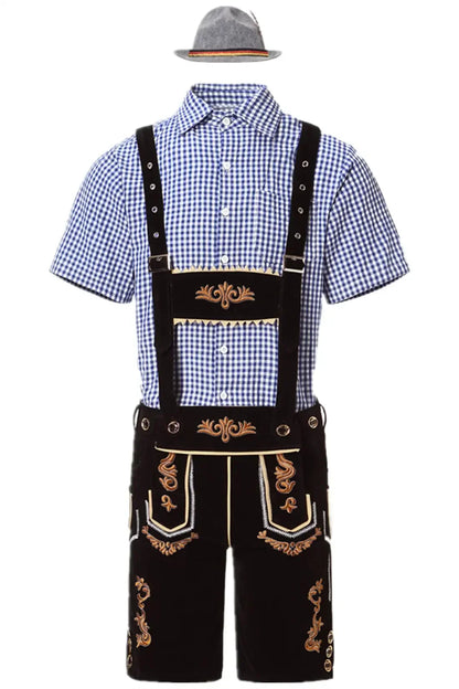 Men's Lederhosen Set Suede Like Embroidered Shorts Shirt And Hat Included Bavarian Oktoberfest Costume For Men