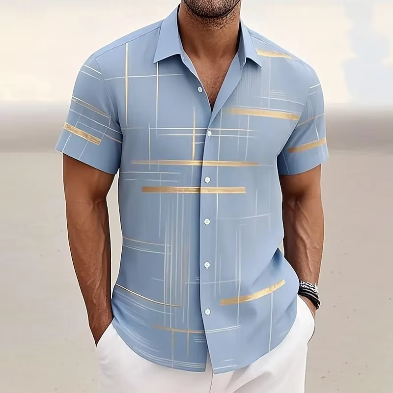 TrendAura Men's 3D Geometric Plaid Short Sleeve Button Down Shirt For Modern Casual Style