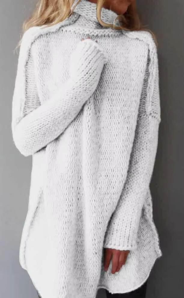 Women's Grey Pile Collar Sweater Pullover — Long Sleeve Autumn Top