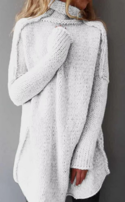 Women's Grey Pile Collar Sweater Pullover — Long Sleeve Autumn Top
