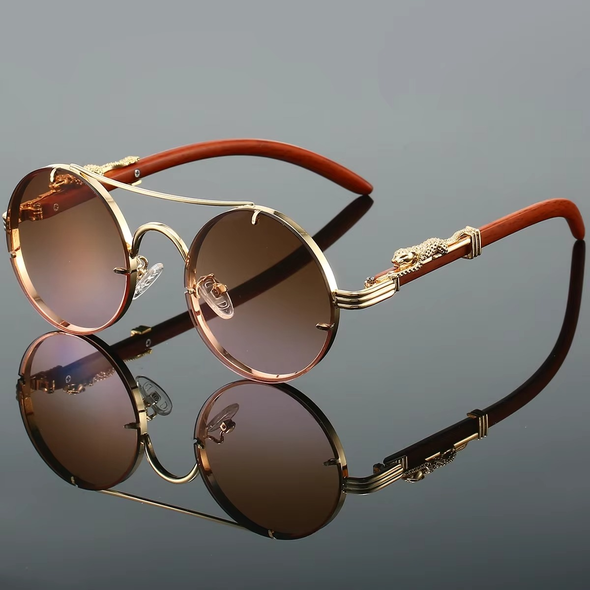 Vintage Round Sunglasses With Double Bridge Unisex Gold Tone Frame Red Tinted Lenses By TrendAura