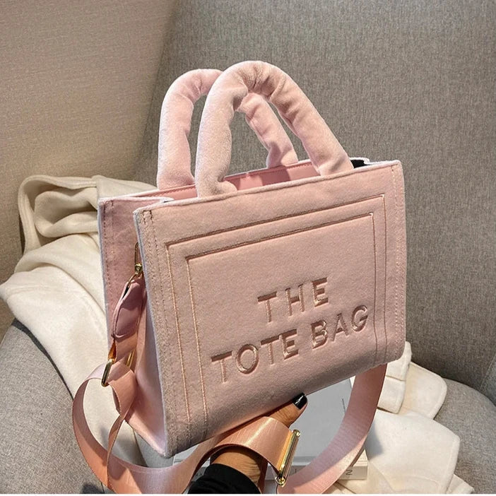 TrendAura Statement Tote Bag - Soft Velour With Original Letter Print, Spacious Interior, Square Tote, Optional Strap