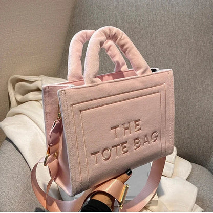 TrendAura Statement Tote Bag - Soft Velour With Original Letter Print, Spacious Interior, Square Tote, Optional Strap