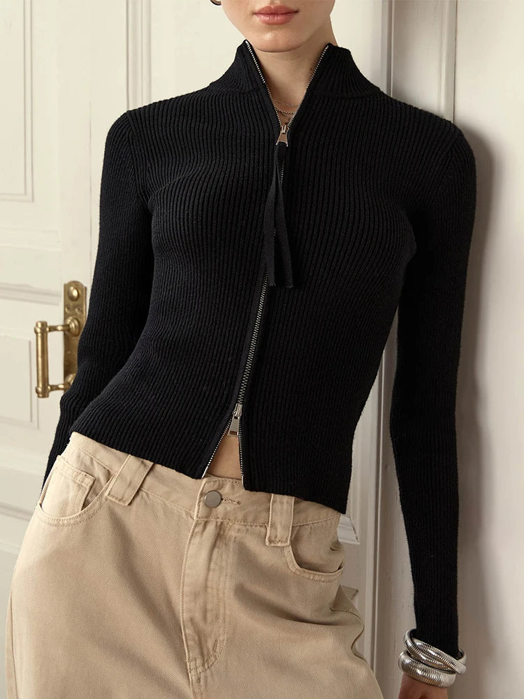 Women’s Knitted Cardigan – Slim Fit – Ribbed Texture – Zipper Front – Stand Collar