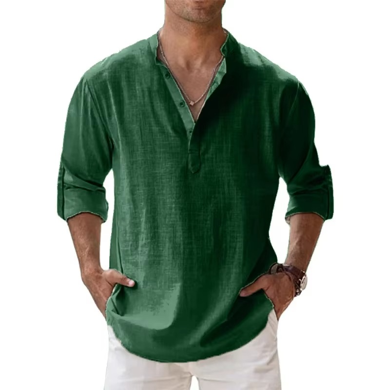 TrendAura Lightweight Cotton Linen Henley Shirt For Men Long Sleeve Beachwear Casual Summer Essential