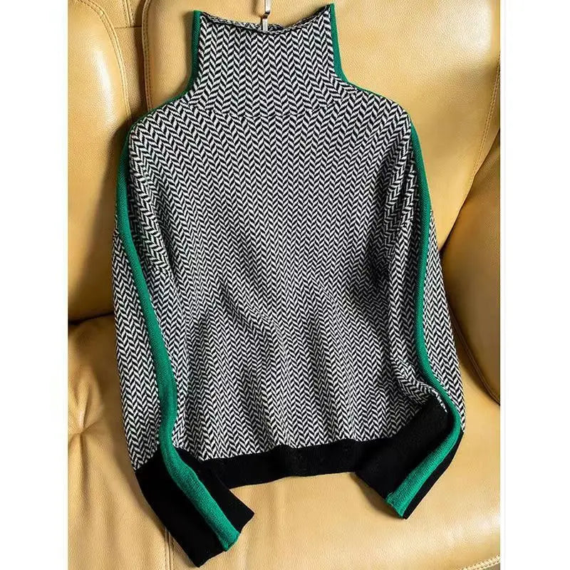 Women's Turtleneck Sweater with Herringbone Pattern and Soft Texture