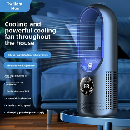 Bladeless fan with humidifier & RGB light - Quiet & wireless for home & travel