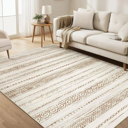 Washable Boho Farmhouse Bohemian Neutral Large Moroccan Geometric Soft No Slip Indoor Thin Floor Carpet for Bedroom Under Dining
