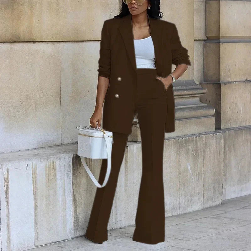 Tailored Double-Breasted Long Blazer and Flared Trousers Set for Women – Elegant Formal Style