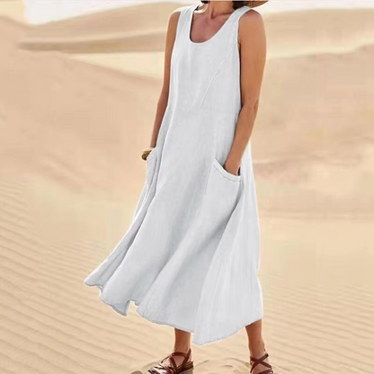 Women’s Cotton Linen Sleeveless Maxi Sundress with Pockets, Loose Fit Beachwear S-5XL