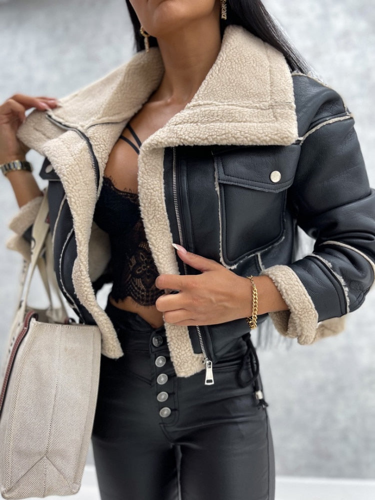 Women’s Cropped Jacket – Faux Leather – Shearling Lining – Slim Fit – Zip Closure