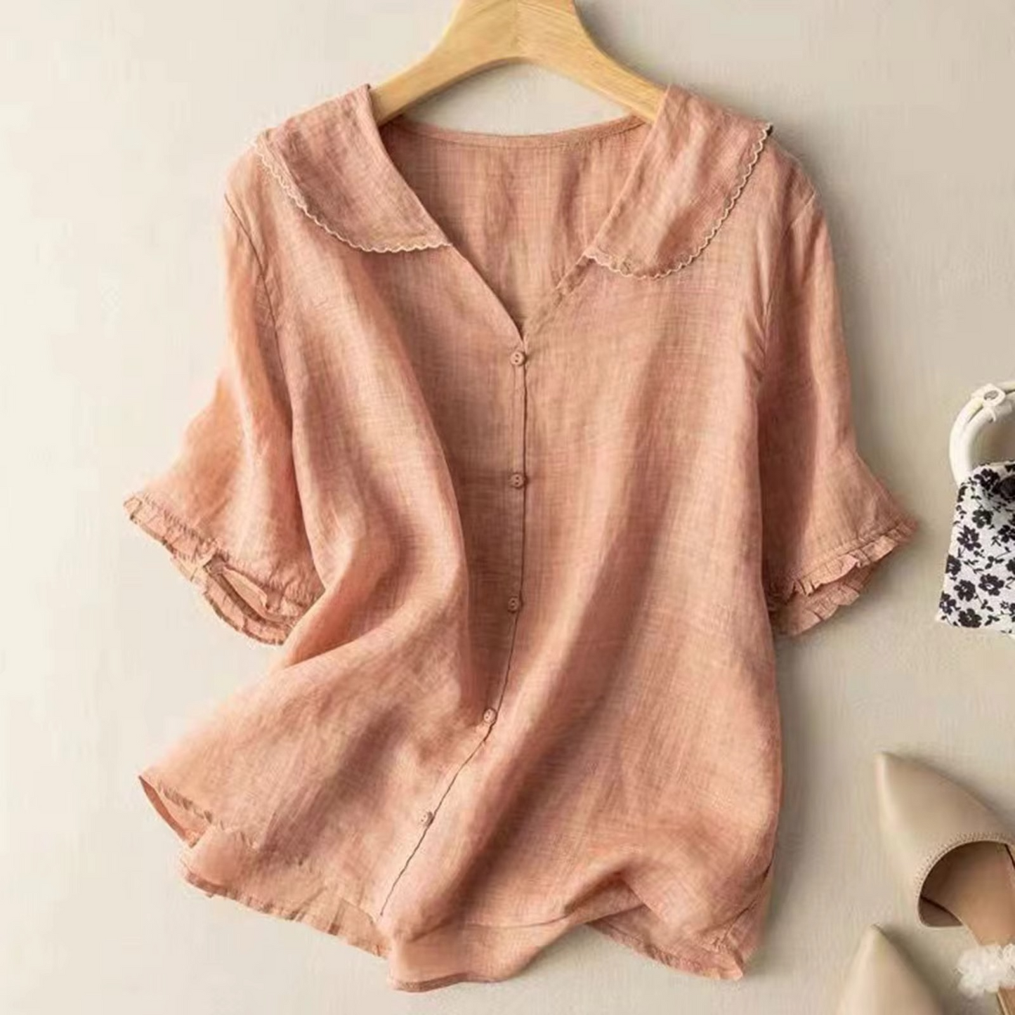 Womens Cotton and Linen Long Sleeve Button Down Top