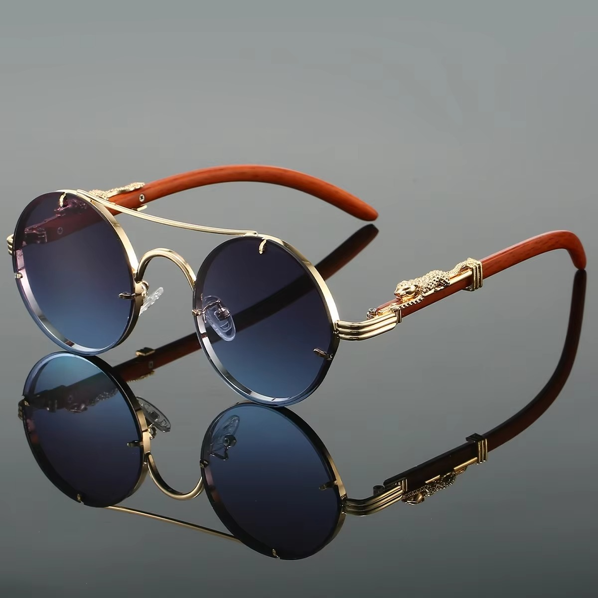 Vintage Round Sunglasses With Double Bridge Unisex Gold Tone Frame Red Tinted Lenses By TrendAura