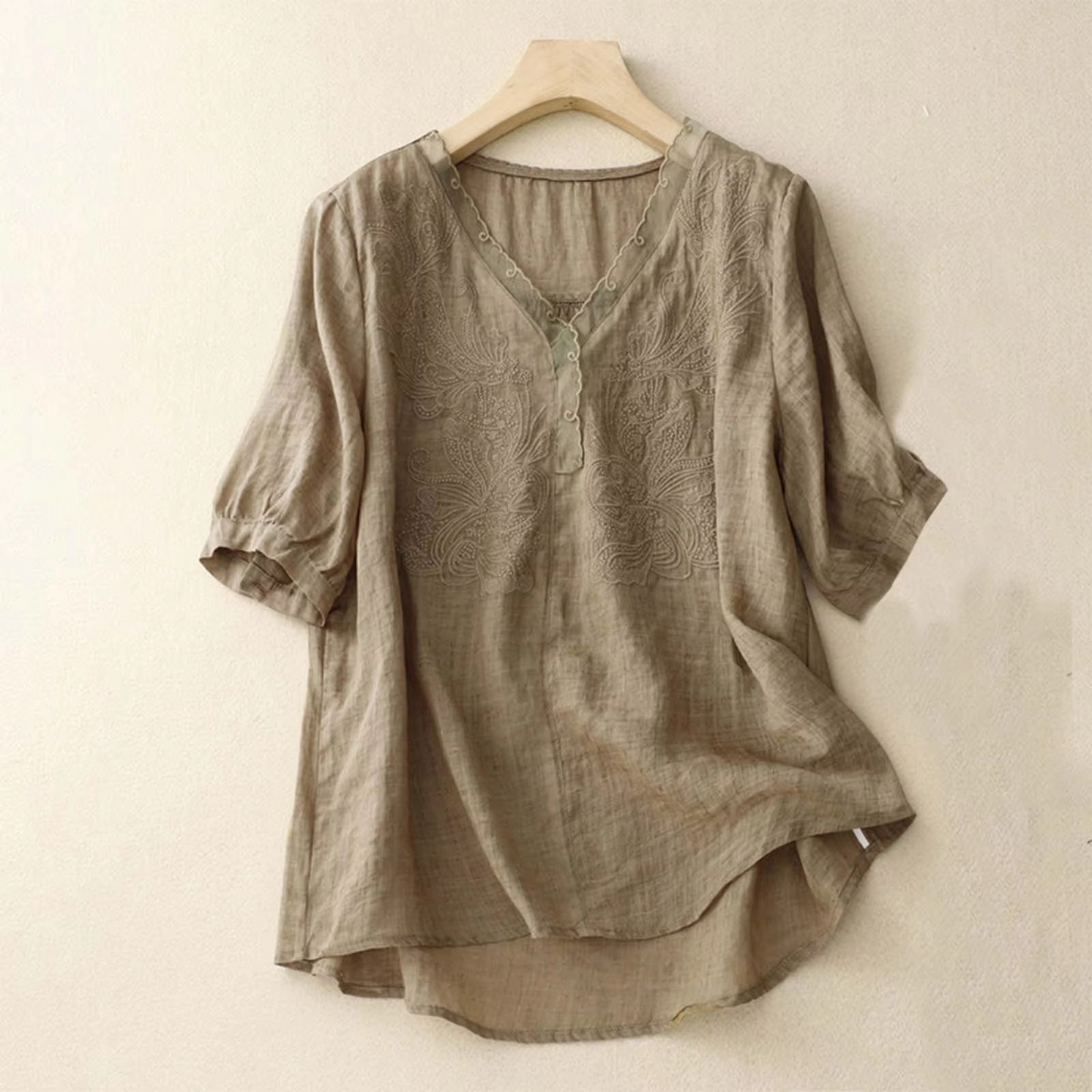 Vintage Cotton Linen V Neck Short Sleeve Summer Blouse for Women