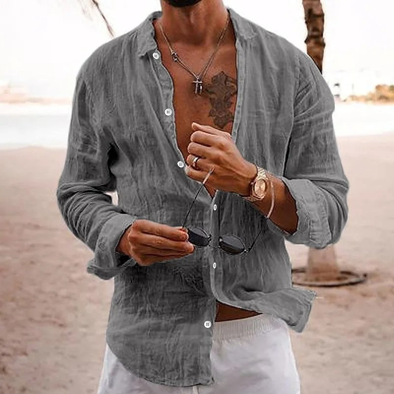 TrendAura Mens Linen Long Sleeve Shirt Breathable Lightweight Casual Daily Wear Top Natural Beige